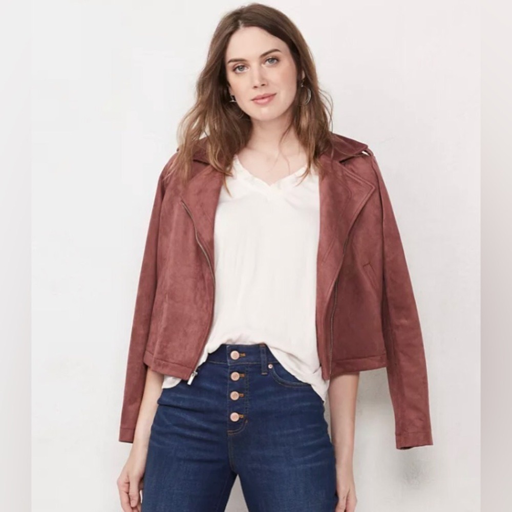 Lauren Conrad Women's 2X Moto Jacket Burgundy Faux Suede WL23Z015PS1